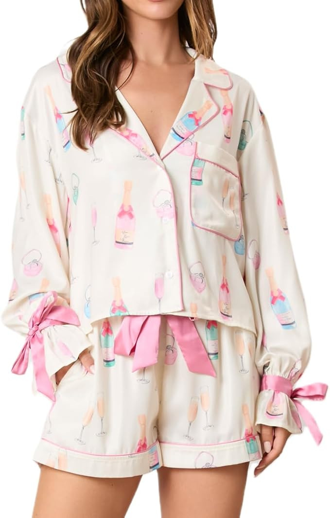 Adoeren Women Y2k Pajamas Set Tie Up Bow Bell Sleeve Shirt Blouse Wide Leg Shorts Cutecore 2 Piec... | Amazon (US)