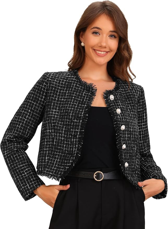 Allegra K Plaid Tweed Jacket for Women's Crew Neck Cropped Button Up Elegant Work Jackets | Amazon (US)