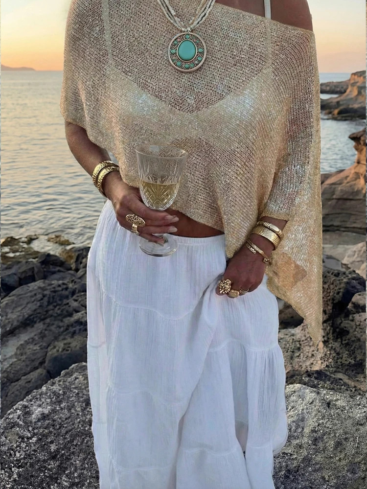 FOR BEAUTY Summer New Women's Ribbed Knit Shawl, Asymmetric Hem Shimmery Lightweight Breathable Fabric, Loose Fit Suitable For Various Figures, Beach Casual Top, Bohemian Style Summer Outfit | SHEIN