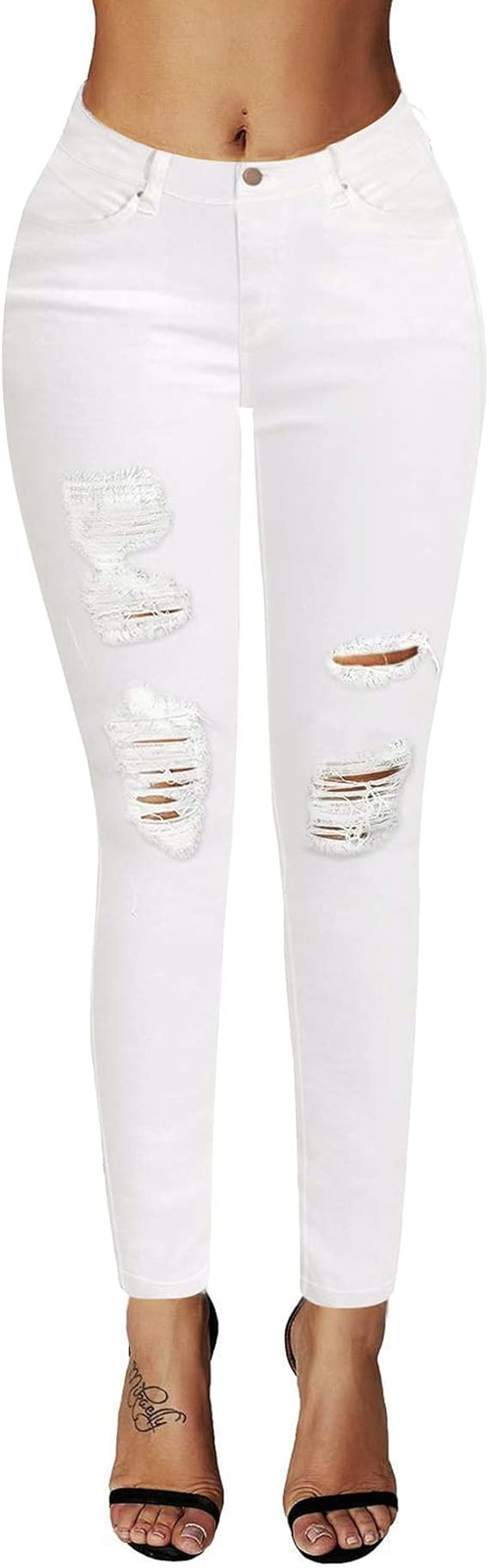 roswear Women's Essentials Ripped Mid Rise Destroyed Skinny Jeans | Amazon (US)