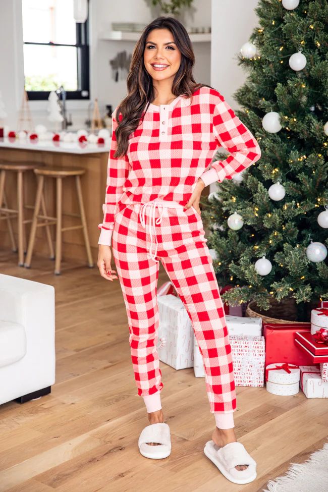 Deck The Halls Red And Pink Plaid Waffle Knit Henley Pajama Top | Pink Lily