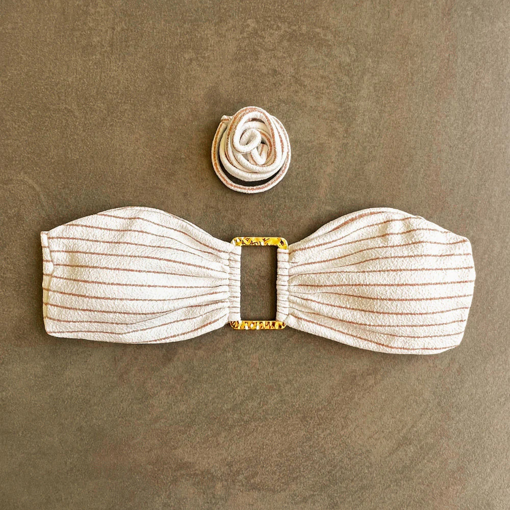 White & Brown Seashore Striped Textured Strapless Bikini Top | MyBrazilianShop