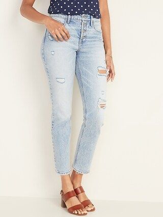 High-Waisted Distressed Power Slim Straight Button-Fly Jeans for Women | Old Navy (US)