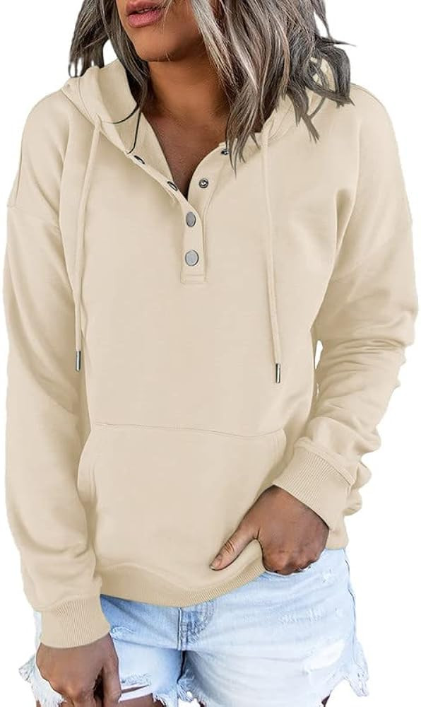 Dokotoo Womens 2023 Hooded Button Collar Drawstring Hoodies Pullover Sweatshirts Casual Long Sleeve  | Amazon (US)