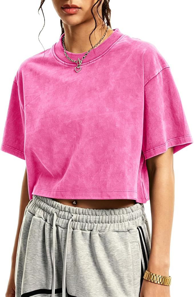 Women's Oversized Cropped T Shirts Boxy Cropped Tees for Women Acid Wash Vintage Tees Loose Fit Y... | Amazon (US)