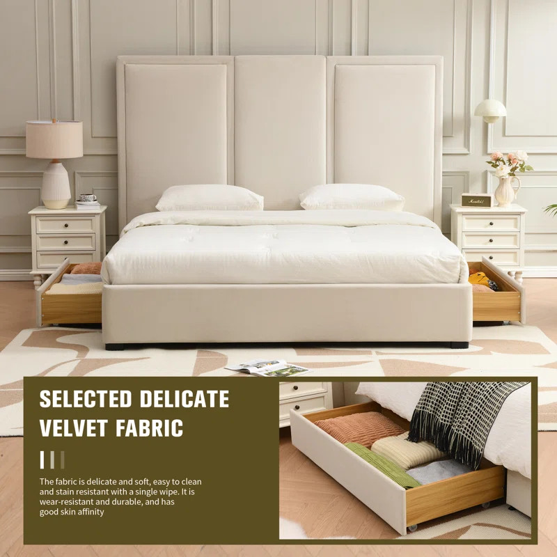 Morghen Upholstered platform bed with extra high headboard and 2 extra large capacity drawers | Wayfair North America
