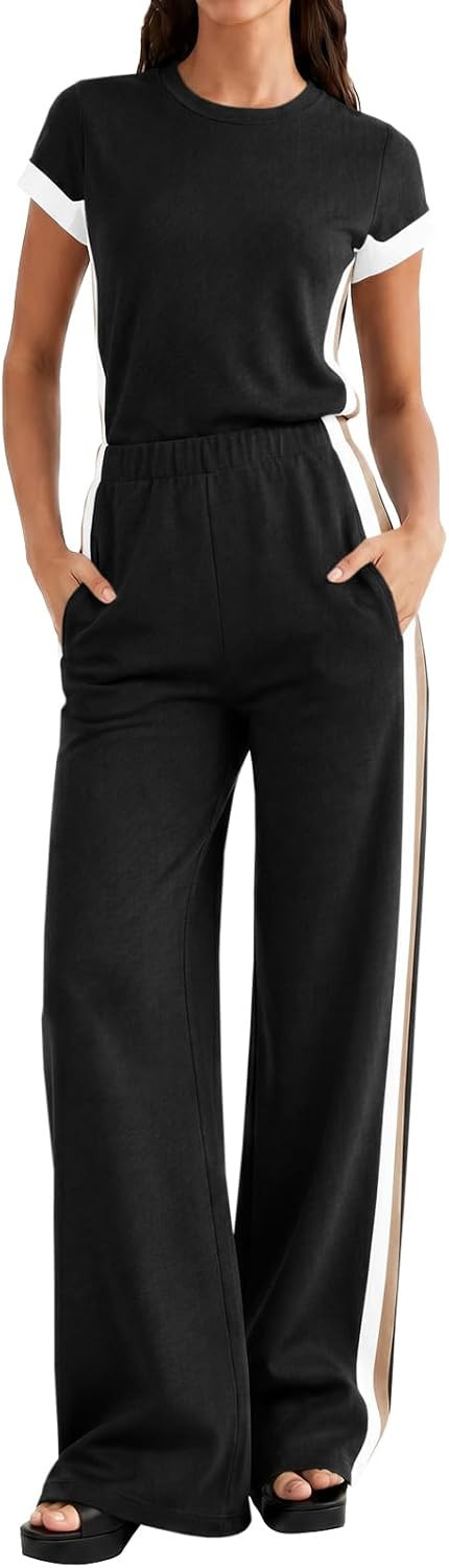 Fisoew Women One Piece Jumpsuits Wide Leg Pants Short Sleeve Dressy Workout Romper Overalls Airport Vacation Travel Outfits | Amazon (US)