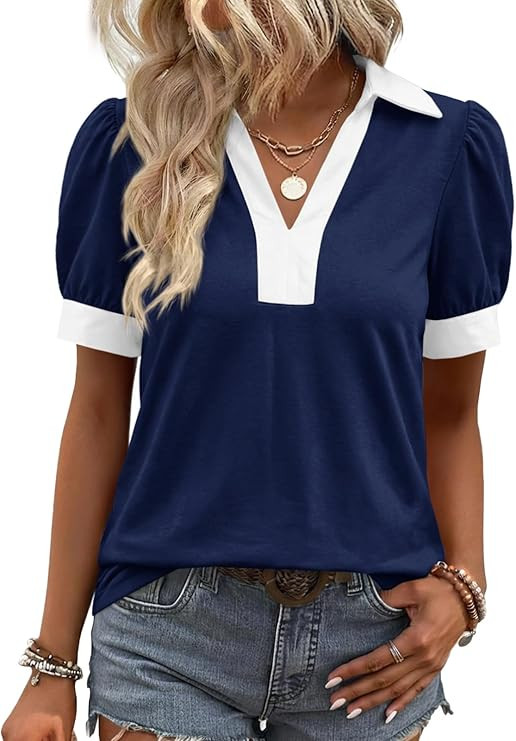 Tankaneo Womens Short Puff Sleeve Tops Summer Casual Color Block Blouses Lapel V Neck Loose Polo ... | Amazon (US)