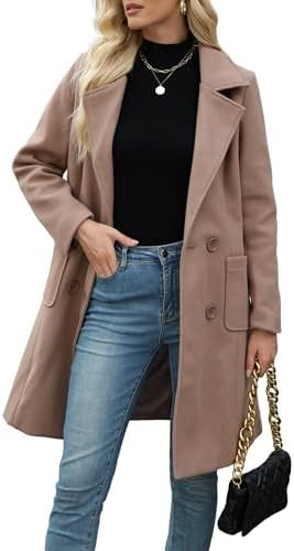 Bankeng Women Winter Wool Blend Camel Mid-Long Coat Notch Double-Breasted Lapel Jacket Outwear | Amazon (US)