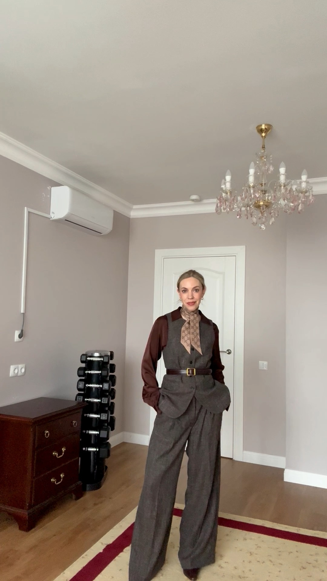 Workwear ootd, office look, tweed vest pants set, chocolate brown leather belt, Gucci silk scarf, style over 40

#LTKOver40 #LTKWorkwear #LTKootd