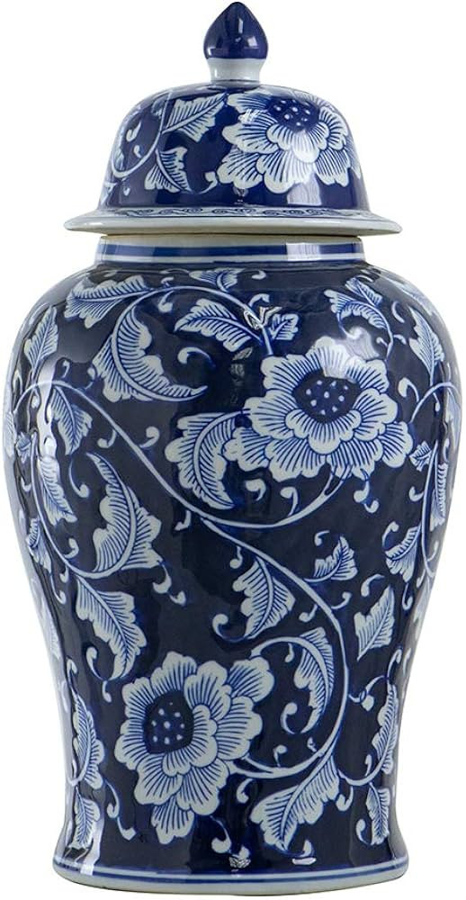A&B Home 18" Porcelain Decorative Jar with Lid Blue White Floral Print Vase Ginger Jar Centerpiec... | Amazon (US)