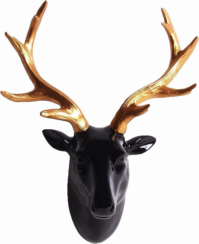 Animal Head Wall Decor, Glossy Black Faux Resin Deer Head with Gold Antlers for Wall Mount Decora... | Amazon (US)