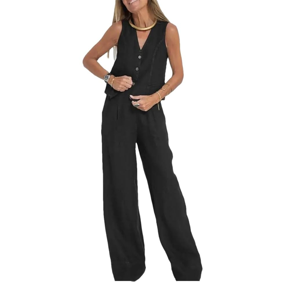 Wjnvfioo Women Summer Short Sleeves Office Set Stylish Cotton Linen Suit Sleeveless Vest Wide Leg... | Amazon (US)