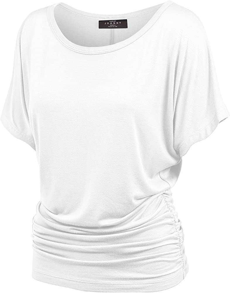 Made By Johnny Women's Solid Short Sleeve Boat Neck V Neck Dolman Top with Side Shirring | Amazon (US)