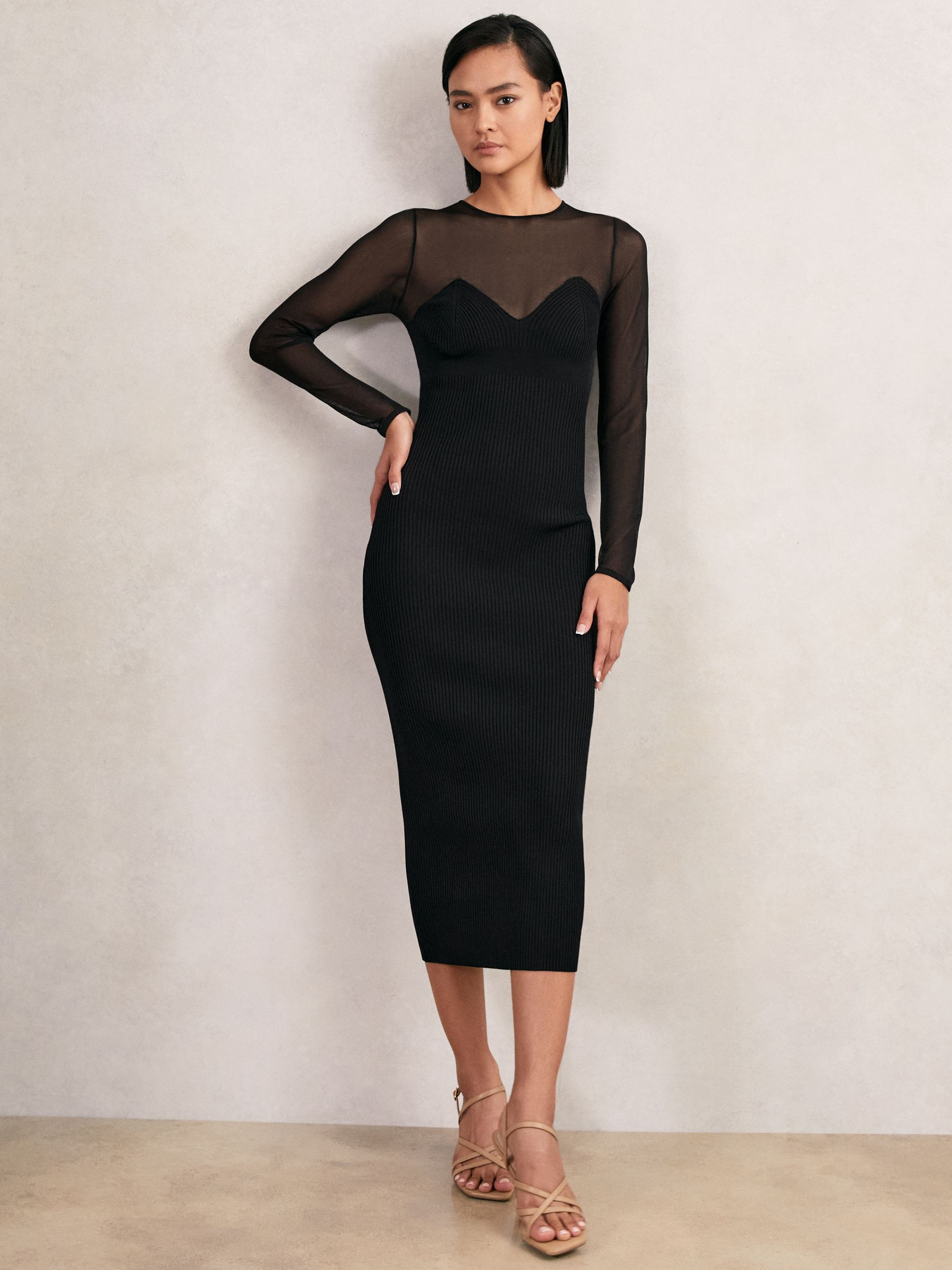 Reiss Mesh Rib-Knit Sweetheart Midi Dress in Black - REISS | Reiss UK