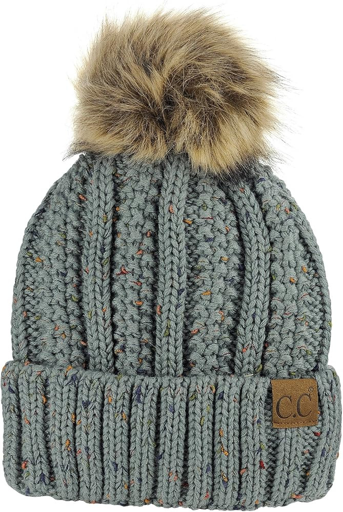 C.C Thick Cable Knit Faux Fuzzy Fur Pom Fleece Lined Skull Cap Cuff Beanie | Amazon (US)
