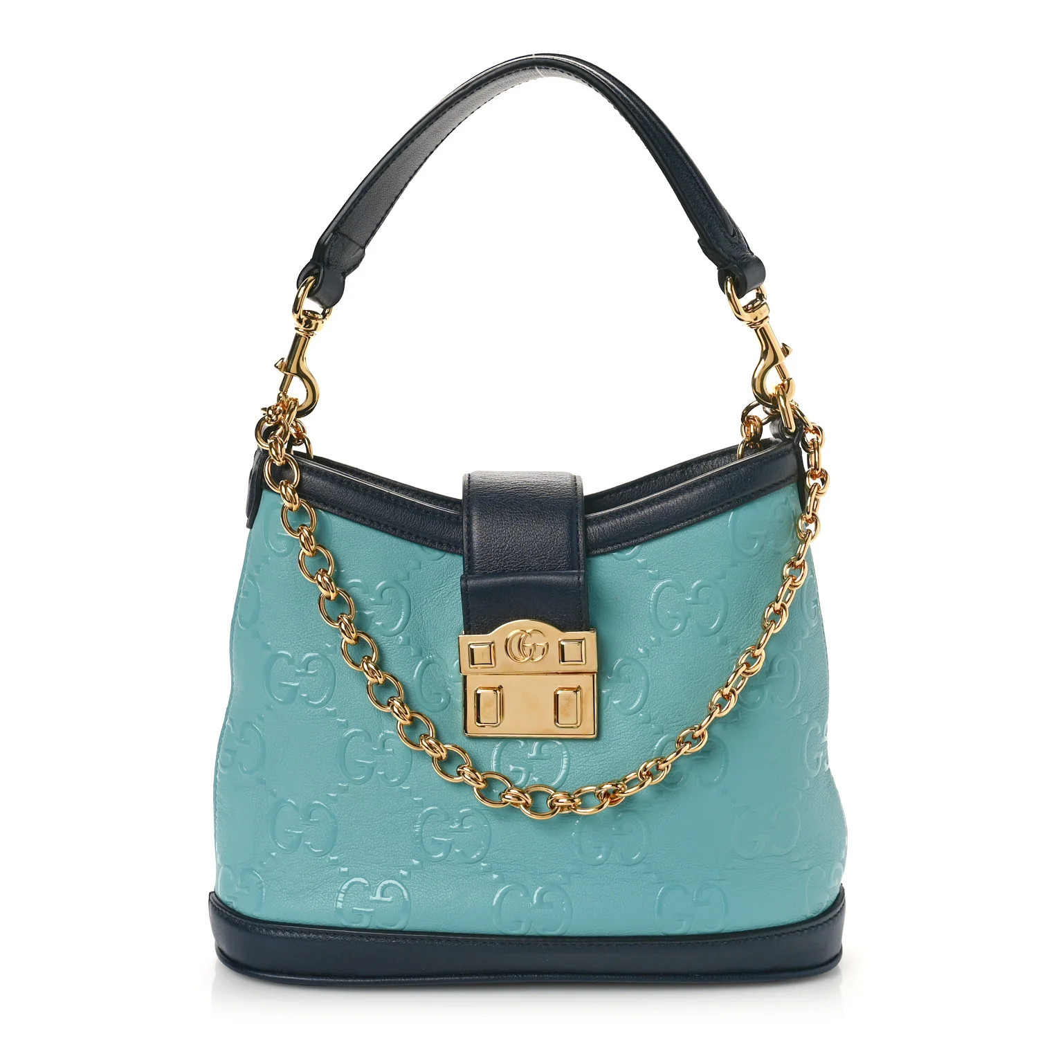 Wonka Grain Calfskin Bi-Color GG Debossed Small Padlock Shoulder Bag Dusty Azure Black | FASHIONPHILE (US)