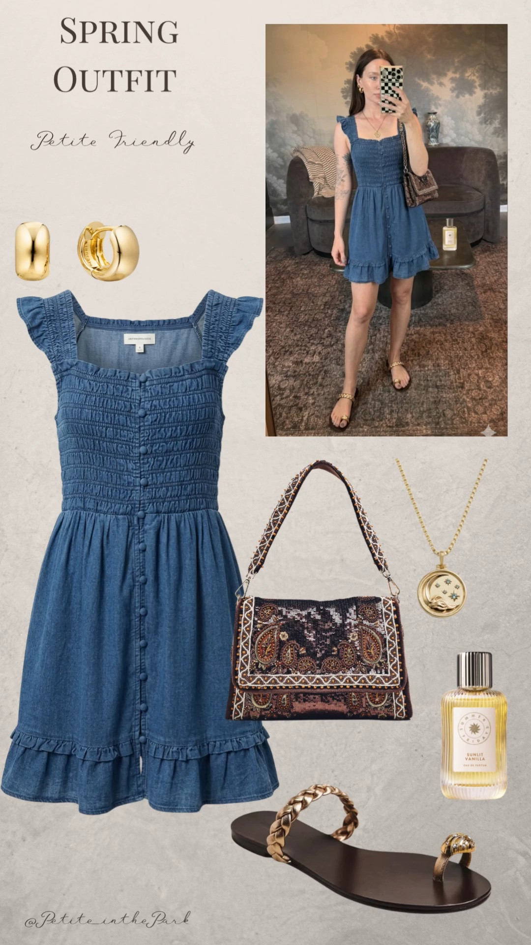 Spring petite outfit  

Spring outfit, spring trends, casual spring outfit, petite spring outfit, spring fashion, spring style, petite style, petite spring style, casual petite outfit, minimal outfit, minimal spring outfit, petite dress, denim dress, mini dress, sandals, gold sandals, shoulder bag, beaded bag, brown bag, brown purse, gold earrings, gold hoop earrings, gold necklace, minimal jewelry  #casualoutfit #petiteoutifts #springoutfits #springoutfit2026 #springtrends

#LTKPetite #LTKMothersDay #LTKSaleAlert