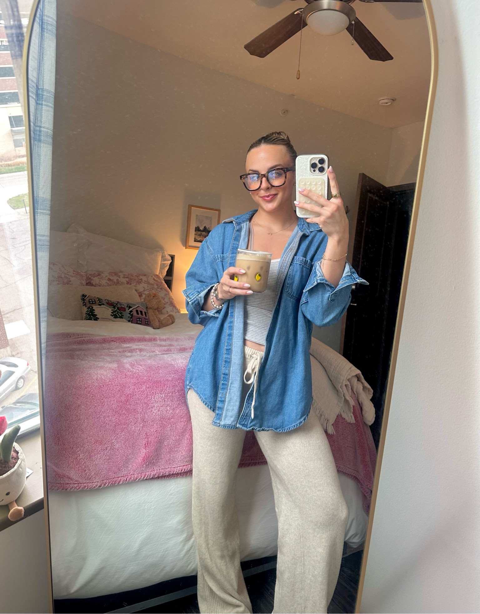 cozy spring fit 🍋 Old Navy Denim Button Down, Brandy Melville Tank Top, Target Knit Pants, Amazon Blue Light Glasses, Anthropologie Juice Glass

#LTKSeasonal #LTKfindsunder50 #LTKstyletip