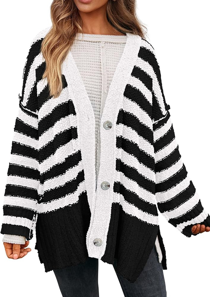 PRETTYGARDEN Women's Winter Striped Cardigan Sweaters Long Sleeve Button Down Open Front Chunky K... | Amazon (US)