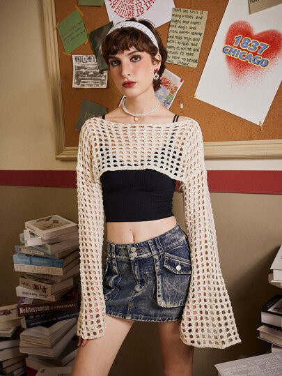 ROMWE Academia Hollow Out Crop Sweater | SHEIN