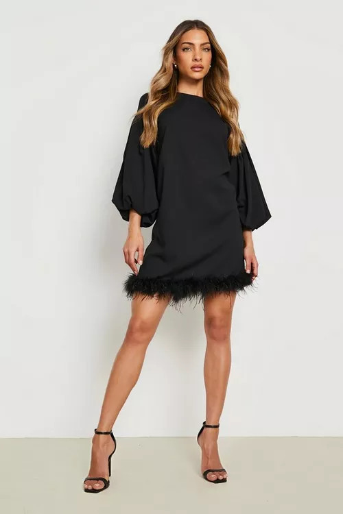 Feather Hem Balloon Sleeve Mini Dress | Boohoo.com (US & CA)
