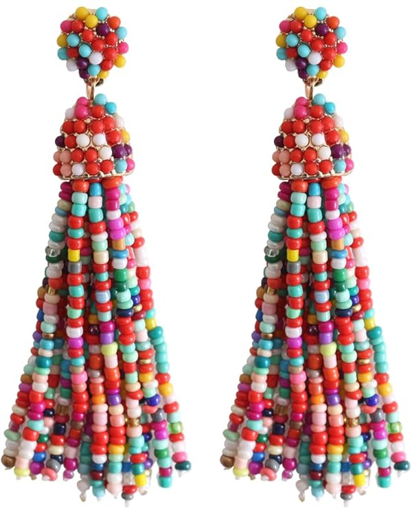 NLCAC Women's Beaded tassel earrings Long Fringe Drop Earrings Dangle 6 Colors | Amazon (US)
