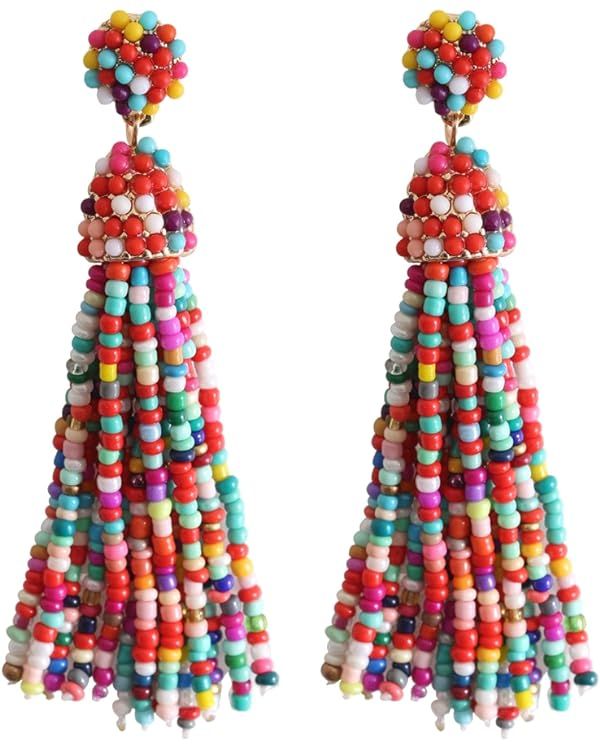 Women's Beaded tassel earrings Long Fringe Drop Earrings Dangle 6 Colors | Amazon (US)