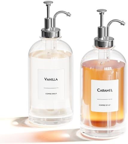 16.9 oz/500 ml Coffee Syrup Dispenser Set - 2 Glass Bottles with Silver Pumper and Syrup Labels -... | Amazon (US)