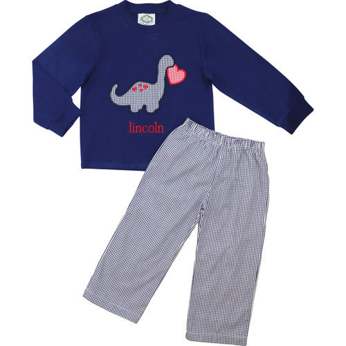 Navy Gingham Dinosaur Valentine Pant Set | Cecil and Lou