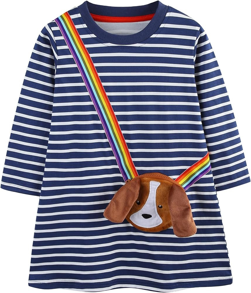 Hongshilian Little Girls Cotton Casual Dress Cartoon Appliques Fall Clothes Basic Jersey Long Sle... | Amazon (US)