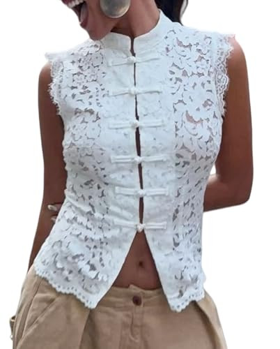 Sheer Lace Tank Top Mock Neck Frog Button Mandarin Collar Shirt | Amazon (US)