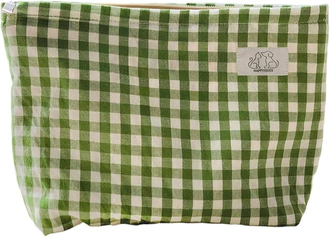 Women Checkered Canvas Makeup Bag Cosmetic Pouch Make Up Travel Purse Organizer, Cute Green Plaid | Amazon (US)