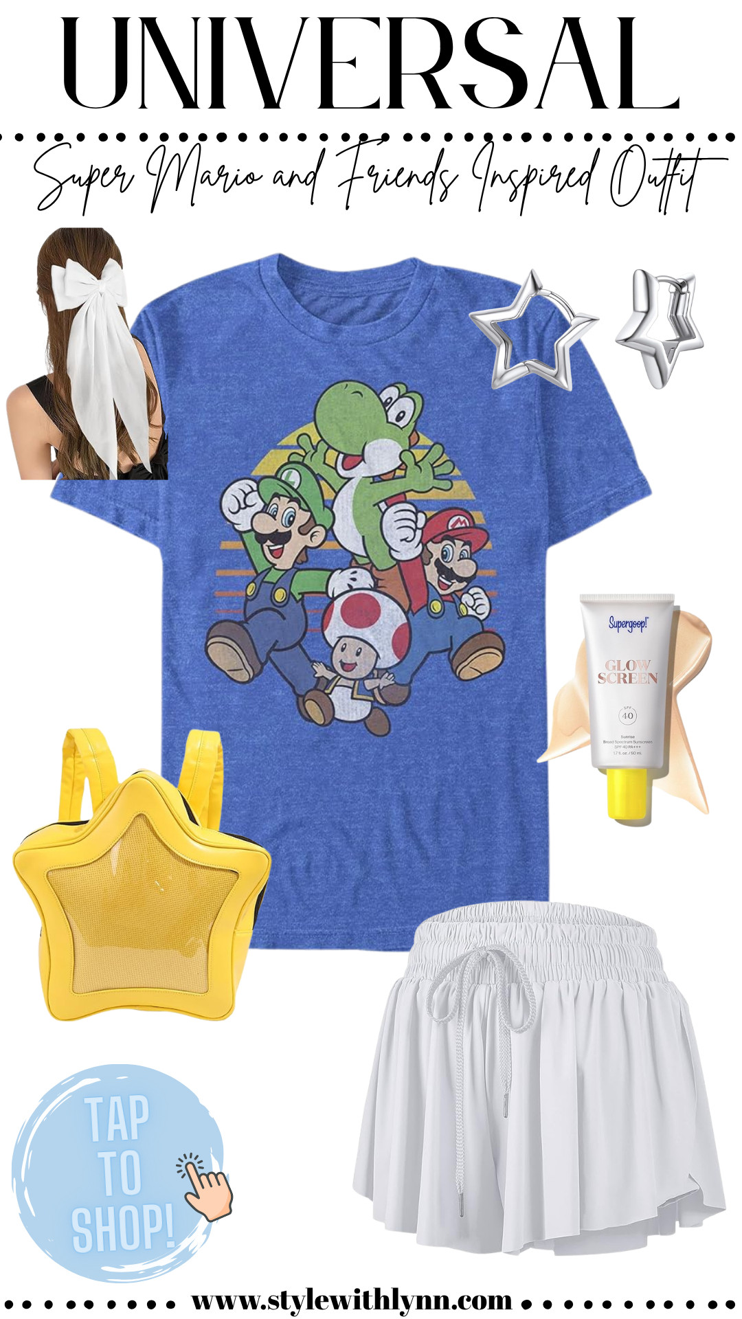 Get ready to power through Universal in this adorable Super Mario and Friends inspired look!  Featuring the cutest vintage-style Mario tee, breezy white skort for all-day comfort, and the perfect pop of fun with this star-shaped backpack - just like grabbing a power-up in real life! ✨ Add a sweet oversized bow, star earrings, and my go-to Glow Screen for the ultimate park day essentials.

✨ Tap to shop this playful theme park outfit and bring your Super Nintendo World style dreams to life!

#UniversalStudiosStyle #SuperMarioOutfit #ThemeParkLook #NintendoWorldFashion #EpicUniverseOutfit #GamerGirlStyle #LTKtravel #LTKunder100 #LTKThemeParkStyle 

 

 
