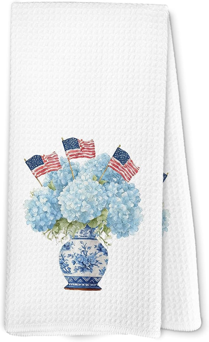 4th of July Patriotic Kitchen Towels, Blue Chinoiserie Hydrangea Decor Dish Hand Towels for Kitch... | Amazon (US)