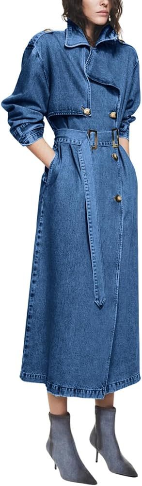 chouyatou Women's Fashion Notch Lapel Denim Trench Coat Double Breasted Belted Maxi Long Jean Jac... | Amazon (US)