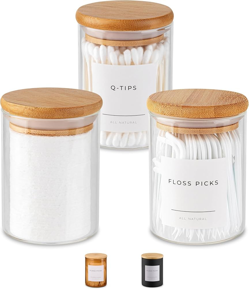 Vase and Vessel Mini Glass Apothecary Jars with Bamboo Lids, Small Bathroom and Kitchen Storage C... | Amazon (US)
