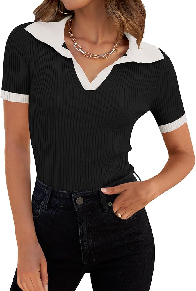 ZESICA Women's Short Sleeve V Neck T Shirts 2024 Summer Ribbed Knit Slim Fitted Basic Solid Color... | Amazon (US)