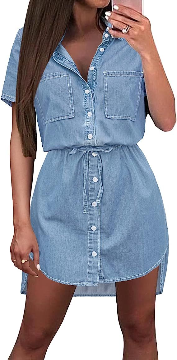 luvamia Women Casual Denim Dress Short Sleeve Tie Waist Classic Jean Shirt Dress | Amazon (US)