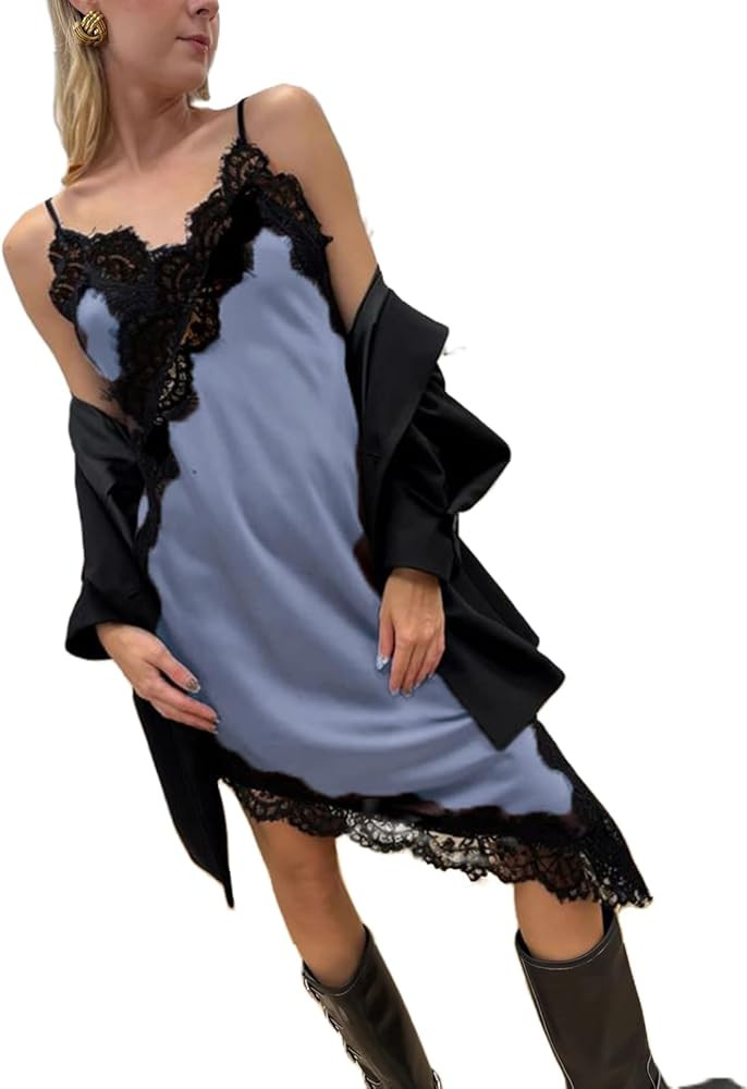 Women Stain Lace Long Cami Top Y2K Silk Lace Trim Asymmetrical Side Split High Low Slip Dress Gin... | Amazon (US)