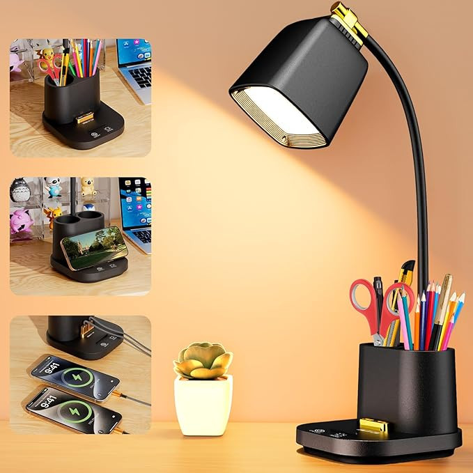 LED Desk Lamp with 2 USB Ports, Storage Box, Small Table Lamp for Home Office, Bedroom, College D... | Amazon (US)