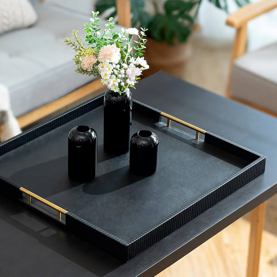 Hanobe Ottoman Coffee Table Tray: Large Decorative Tray Black Leather with Metal Handles for Mode... | Amazon (US)