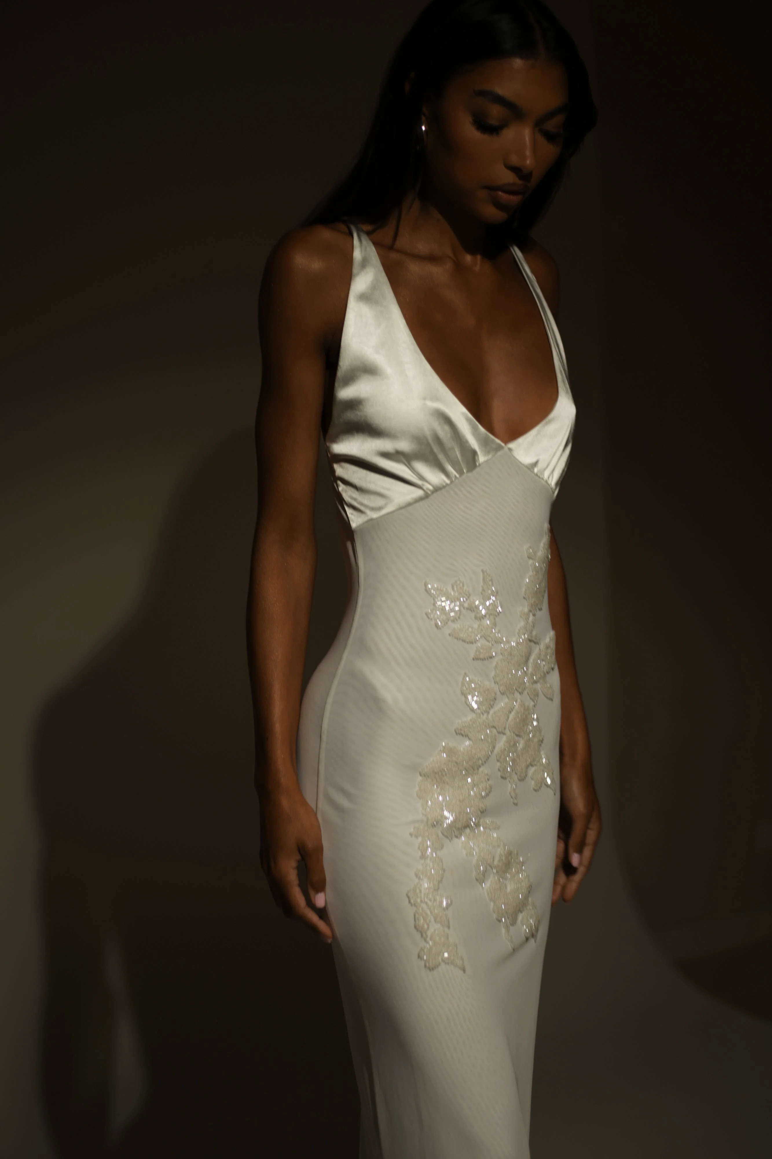 Maya Beaded Mesh Maxi Dress - White | MESHKI US