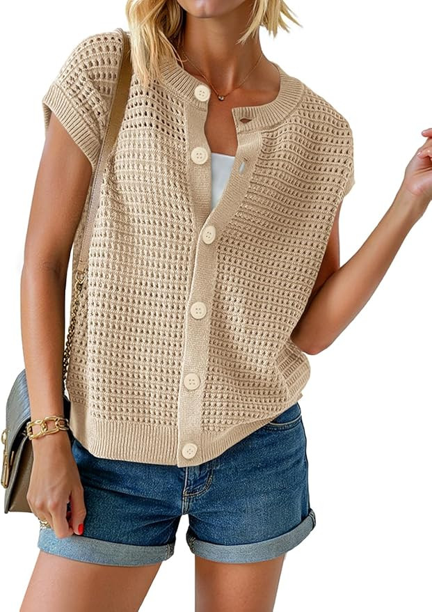 Saodimallsu Womens Short Cap Sleeve Sweater Vest Crochet Button Down Cardigans Crew Neck Summer K... | Amazon (US)