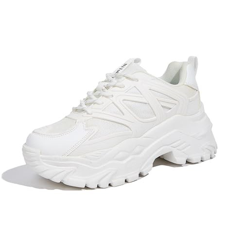 Niluber Chunky Sneakers for Women Platform Sneakers for Women Comfortable Casual Tennis Shoes Lace Up Fashion Walking Shoes(White,7) | Amazon (US)