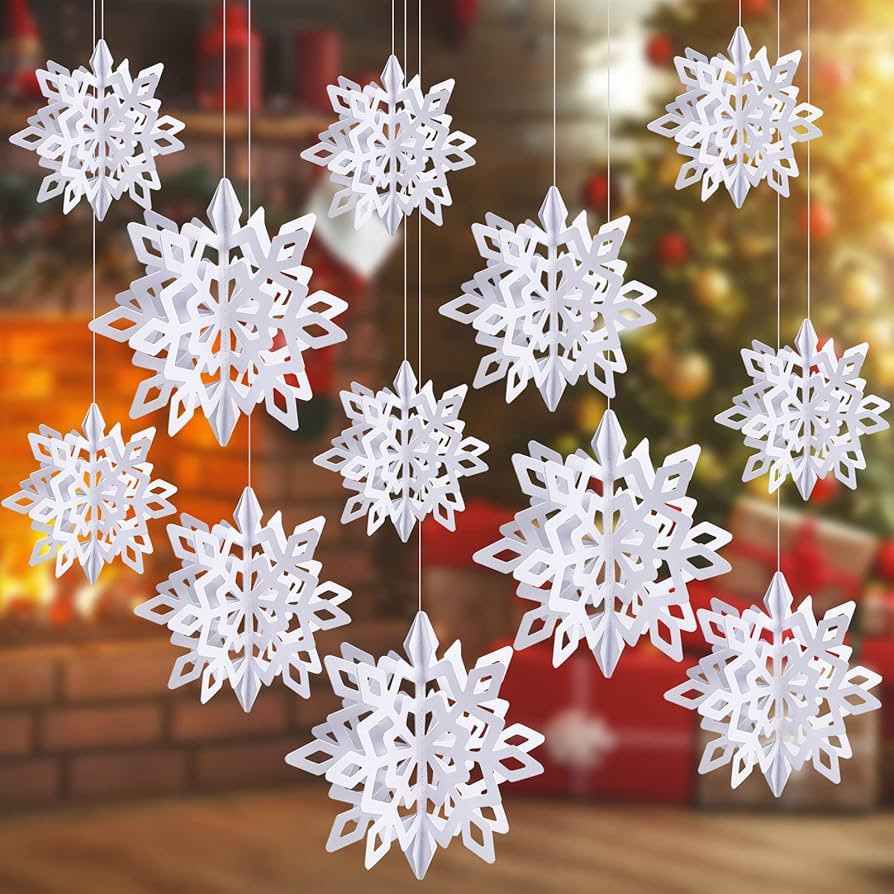 JOHOUSE 12PCS 3D Paper Snowflake Garland - White Hanging Snowflake Ornaments for Winter Christmas... | Amazon (US)