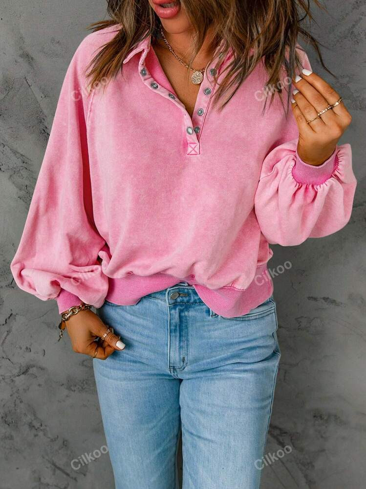 CILKOO Half Button Raglan Sleeve Sweatshirt,Long Sleeve Tops | SHEIN