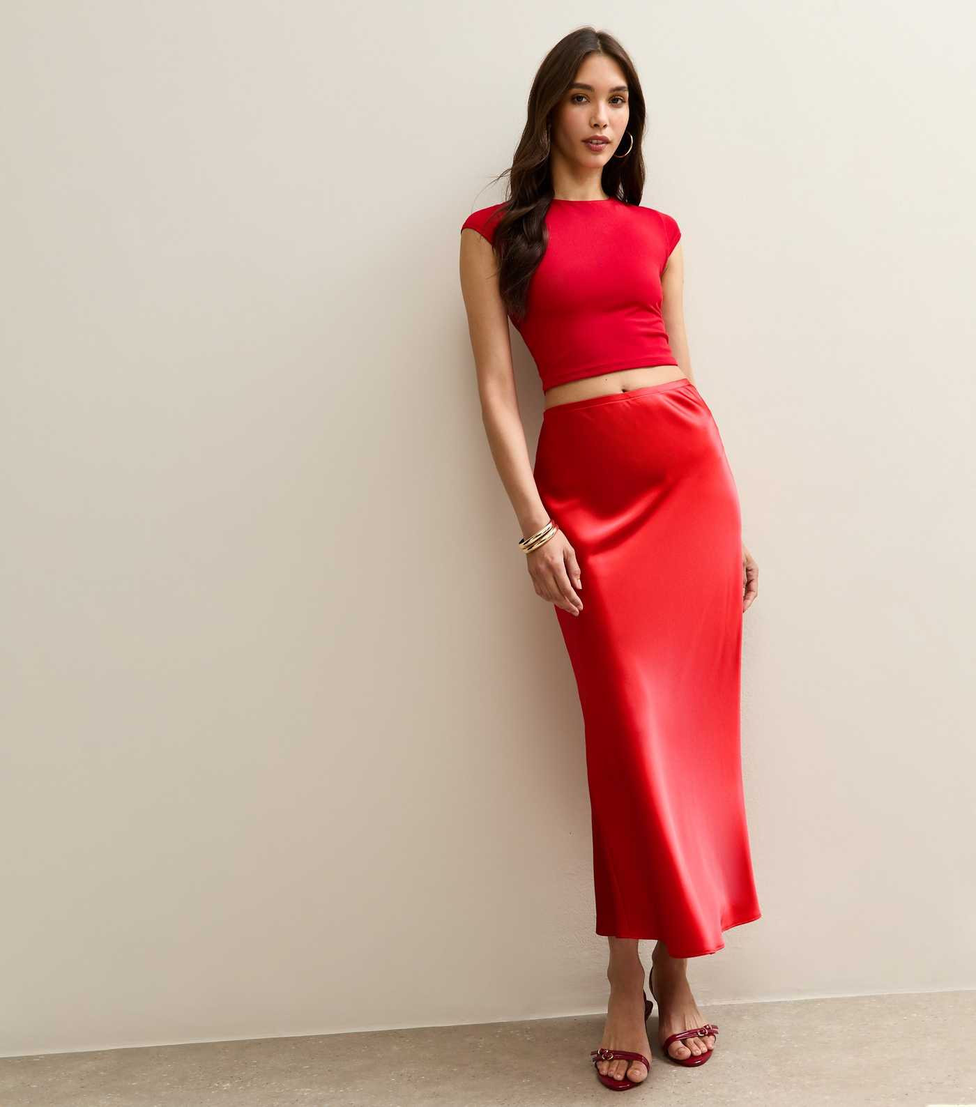 Bright Red Satin Bias Cut Midi Skirt | New Look | New Look (UK)