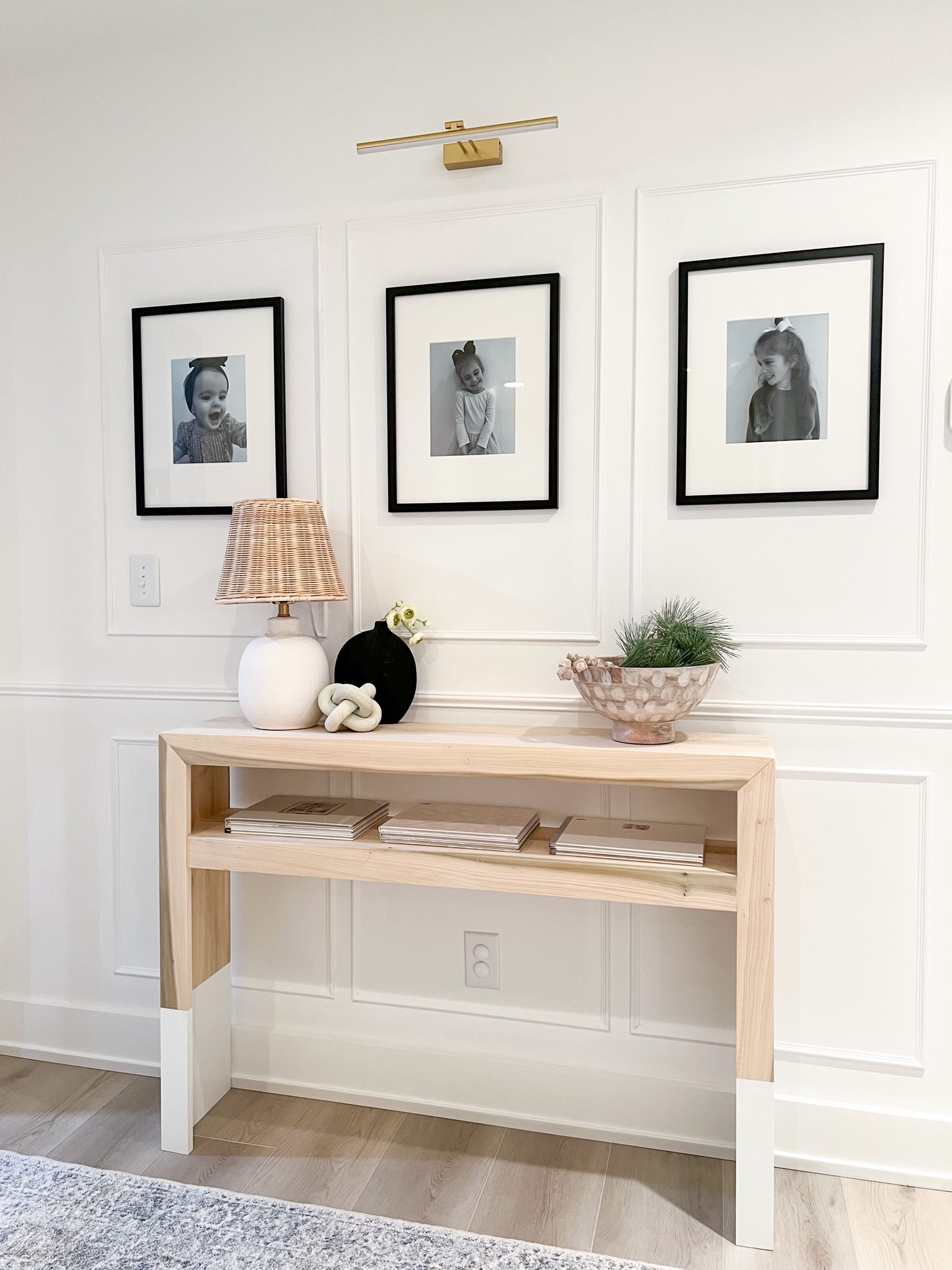 Shop my DIY Console Table Build!

- 1x10 poplar base
- 1x3 poplar trim
- Left natural (unsealed)
-Pure White by SW legs 
- Shelf 7” down from top
- 35” tall, 48” long, 10” deep 



#LTKhome #LTKHoliday #LTKsalealert