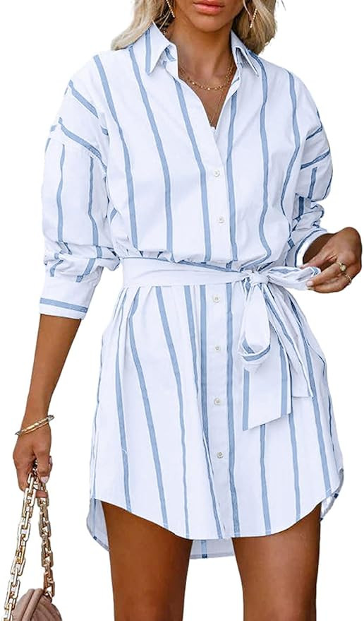 CHARTOU Women Summer Causal Stripe Tunic Dress Loose Button Down Shirt Short Dress with Belt | Amazon (US)